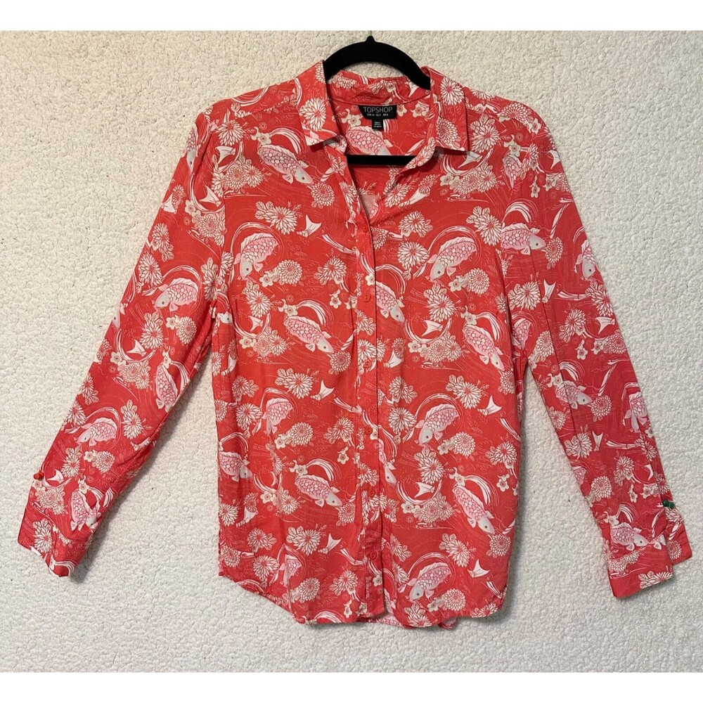 TOPSHOP Women’s‎ Shirt Size 2 Collared Fish Button Down Coral